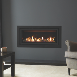 Gazco Studio 2 Slimline 5kw Gas Fire with Balanced Flue, Log Effect and Black Glass Lining